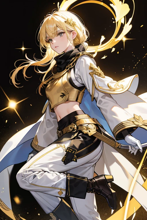 Aether, has a more vibrant, saturated shade of yellow-blonde hair. HER hair is cut at somewhat medium length with uneven bangs at the front with waist-length braided hair at the back.

Aether's color scheme primarily consists of black, gold, and white. SHe wears a dark brown breastplate vest with gold and black accents baring hER midriff and adorned with a diamond ornament, a white scarf clamped with a gold clip, and a white two-tailed cape lined with golden embroidery. SHe wears dark hakama-like pants, dark brown gloves and black boots accented with gold. SPARKLE; GLITTER