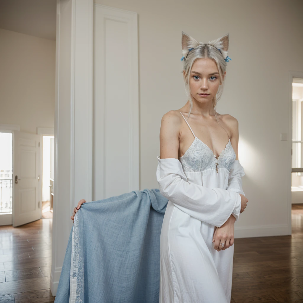 (work of art: 1.2, highest quallity), (real photografic, details Intricate), 1 lady, standing alone, trunk, casual, hair to the shoulders, minimal makeup, Natural fabric, Close do rosto, ssmile, nursing home, White hair, blue colored eyes, Cat's ears,