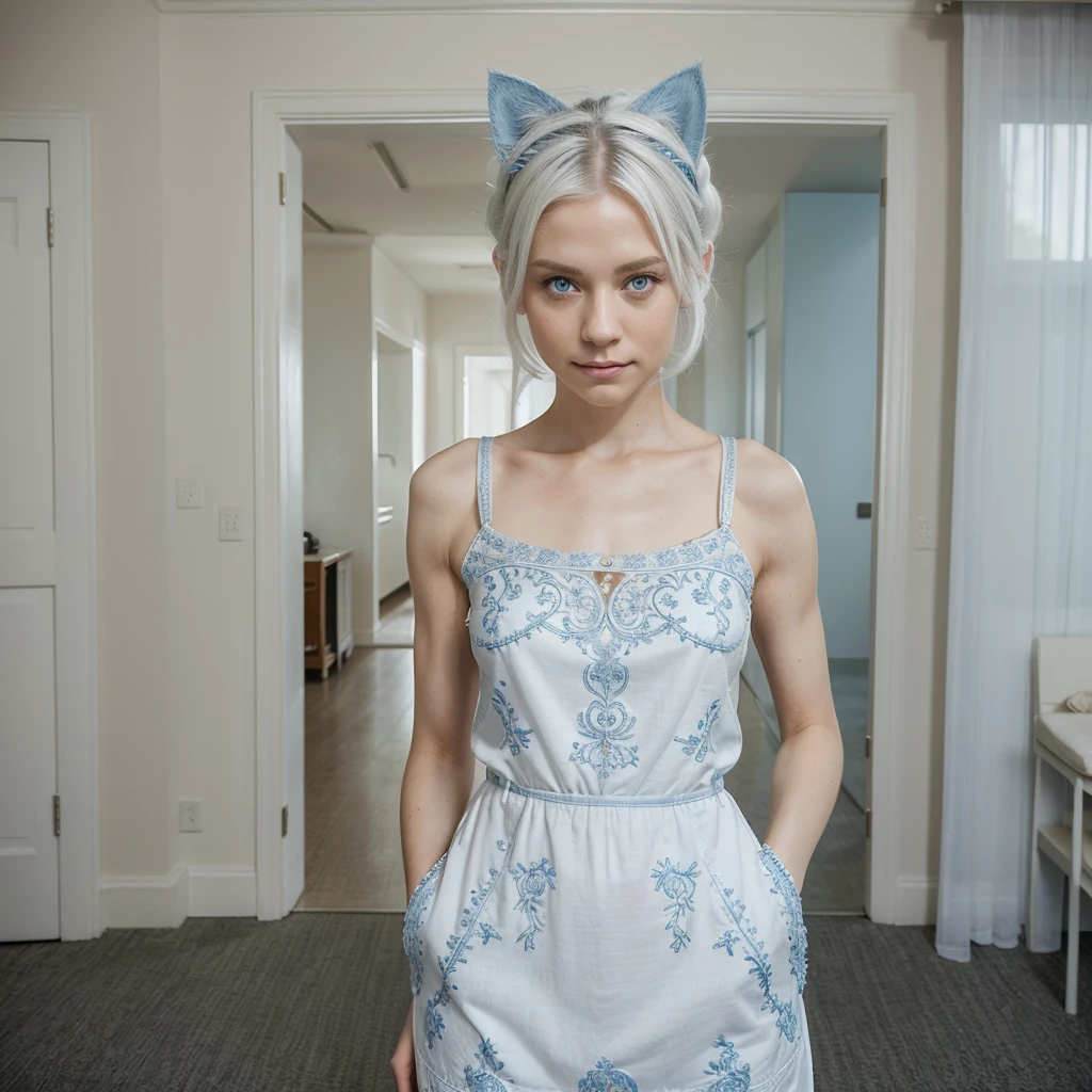 (work of art: 1.2, highest quallity), (real photografic, details Intricate), 1 lady, standing alone, trunk, casual, hair to the shoulders, minimal makeup, Natural fabric, Close do rosto, ssmile, nursing home, White hair, blue colored eyes, Cat's ears,