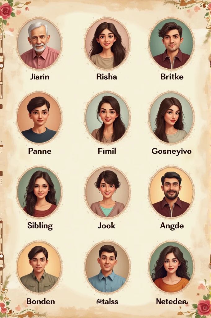 Memory game with photos and names of family members in English