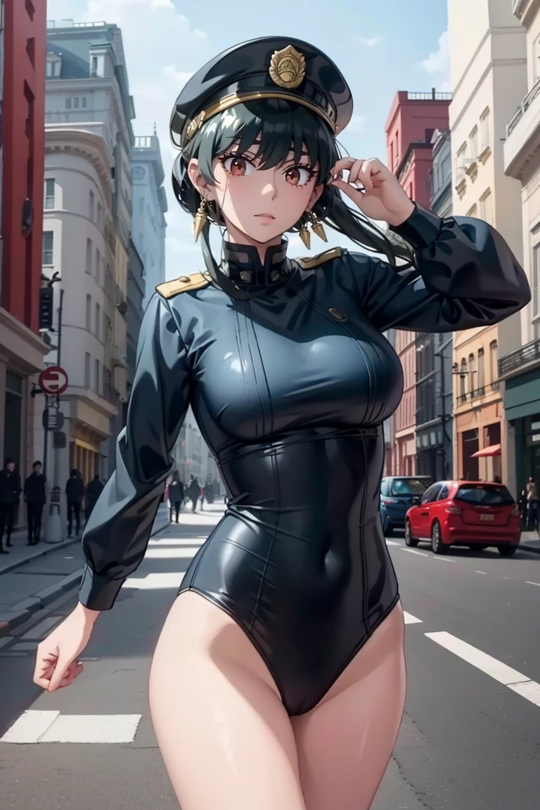 High resolution、masterpiece、1 girl in、Bjorf、A dark-haired、short hair with long locks、look for、Kamimei、bending forward、smile、bring your face closer、Red eyes、gold earrings, leotard blue, bare legs, blue police uniform, police hat, long sleeve, tie, in the city,