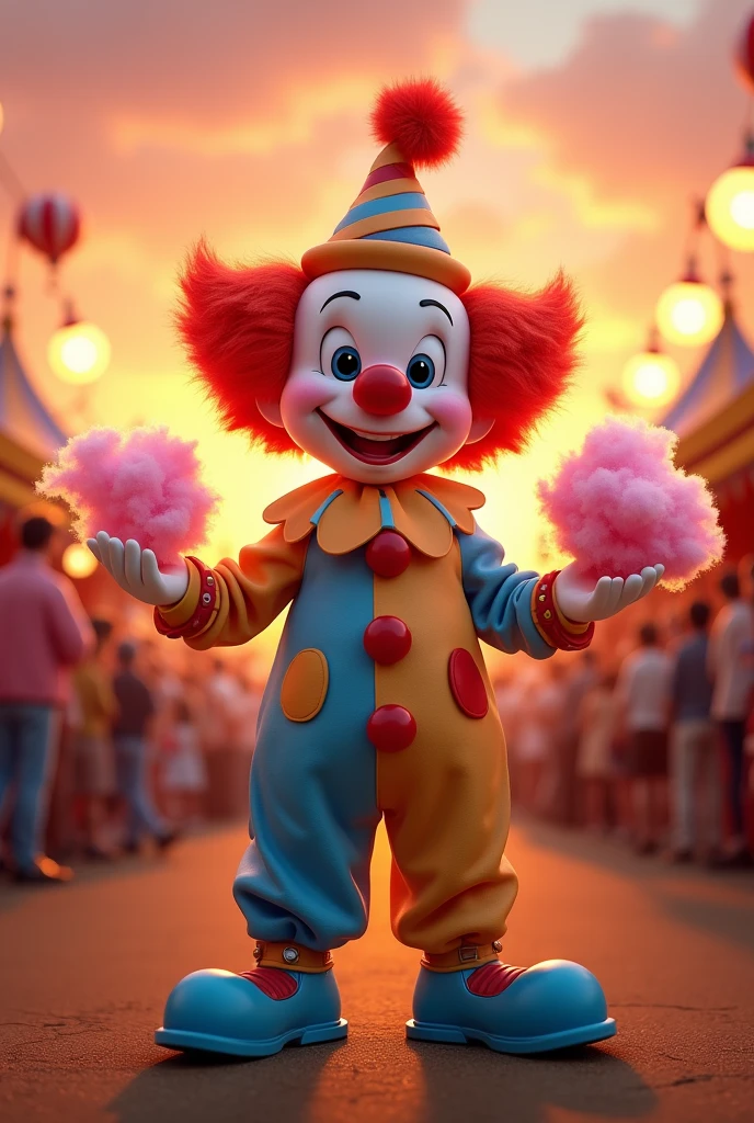 Create a happy clown with cotton candy in your hands, with a multi-colored suit and blue shoes, A beautiful sunset in orange tones, is in the middle of unnecessary circus surrounded by happy people