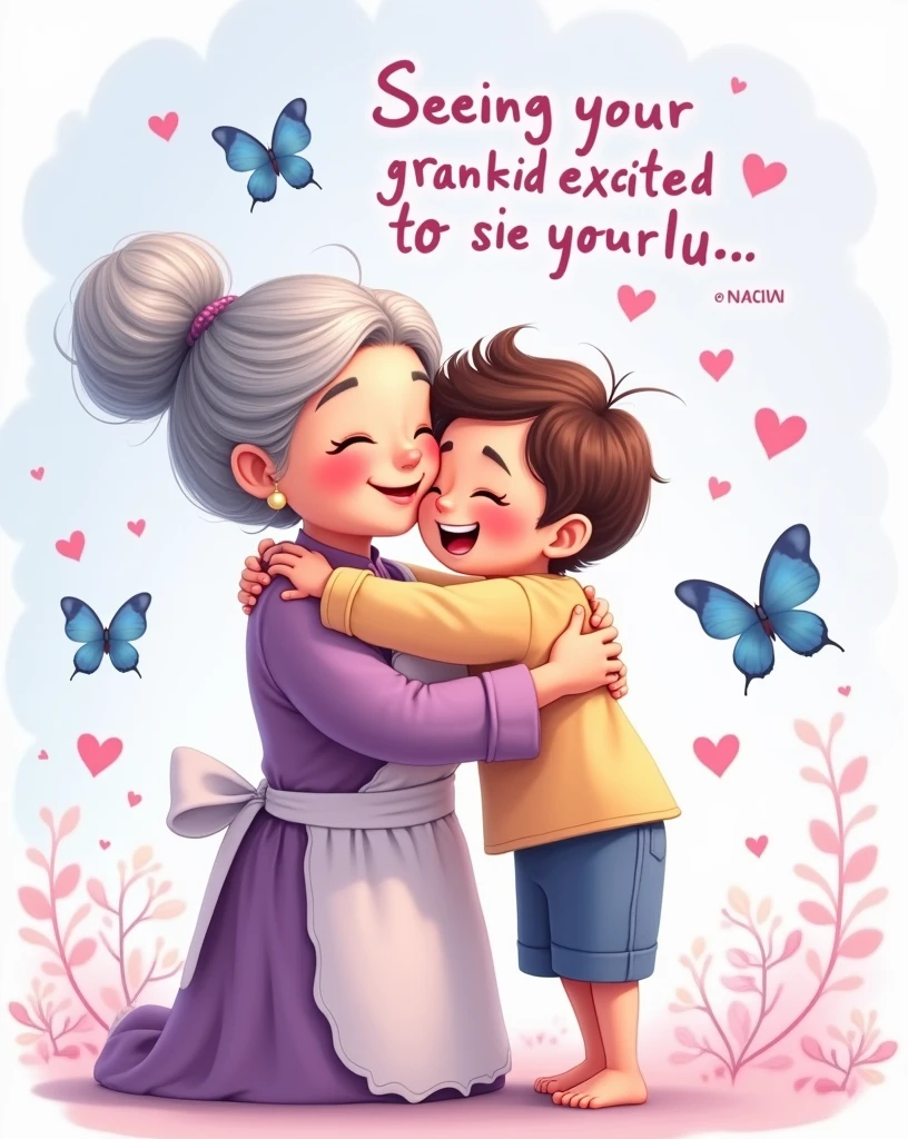 Illustrate a heartwarming scene where a cheerful grandmother with gray hair tied in a bun is bending down to lovingly embrace her grandchild. The grandmother is wearing a traditional apron over a simple dress, and her face is full of warmth and affection. The child, with a big smile, is hugging her tightly, radiating joy and excitement. Surrounding them are whimsical blue butterflies fluttering around, and small pink hearts floating in the air, adding to the tender atmosphere. The background is soft, with pastel shades of purple and blue, complementing the text that reads, 'Seeing your Grandkids excited to see you... is the Best Feeling in the World