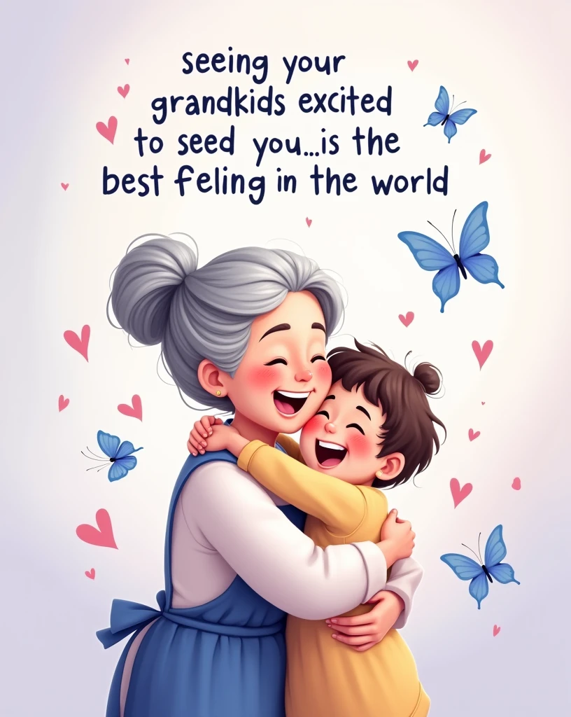Illustrate a heartwarming scene where a cheerful grandmother with gray hair tied in a bun is bending down to lovingly embrace her grandchild. The grandmother is wearing a traditional apron over a simple dress, and her face is full of warmth and affection. The child, with a big smile, is hugging her tightly, radiating joy and excitement. Surrounding them are whimsical blue butterflies fluttering around, and small pink hearts floating in the air, adding to the tender atmosphere. The background is soft, with pastel shades of purple and blue, complementing the text that reads, 'Seeing your Grandkids excited to see you... is the Best Feeling in the World