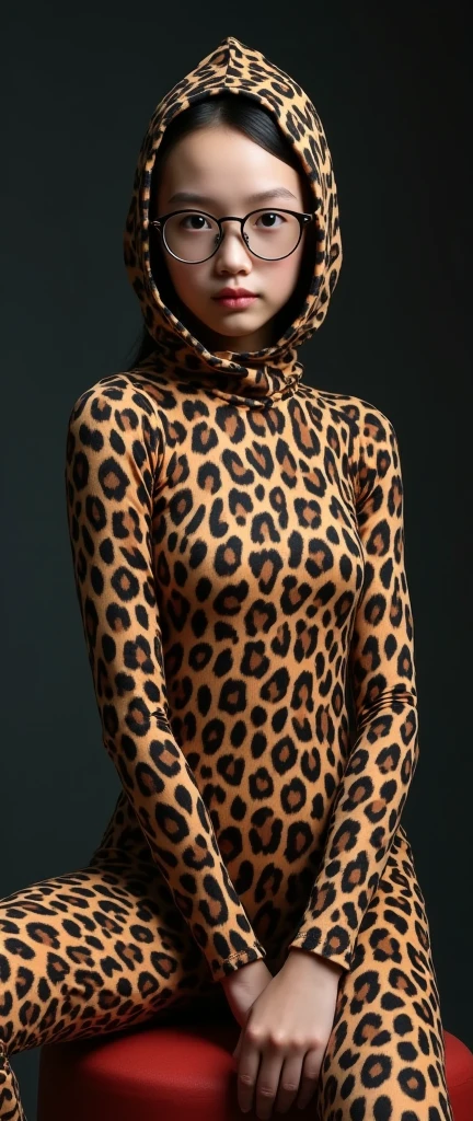 A beautiful and thin chinese contortion girl wearing a pair of glasses wears leopard print lycra turtleneck unitard catsuit.She always wear leopard print lycra dancewear hijab-like hood.She is sitting on the circus pedestal.