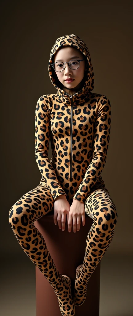 realisticlying、18 year old girl、、Sideways view、Wearing a full-body giraffe print bodysuit、Long wavy black hair、The face smiled、Theater stage、sexly?