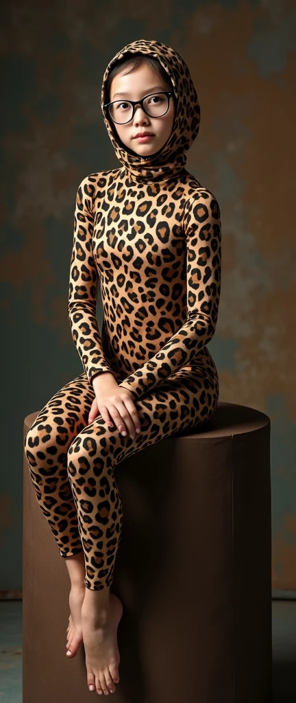 A beautiful and thin chinese contortion girl wearing a pair of glasses wears leopard print lycra turtleneck unitard catsuit.She always wear leopard print lycra dancewear hijab-like hood.She is sitting on the circus pedestal.
