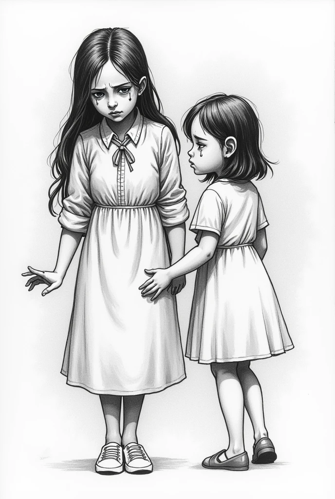 Drawing of two girls, with one crying and the other walking away Black and white drawing 