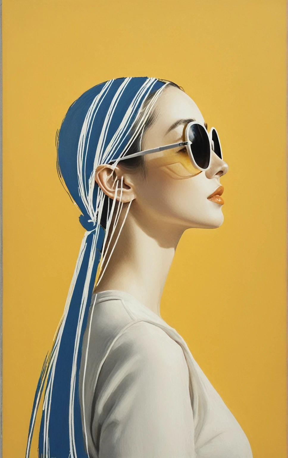 Illustration of the elegant and impressive face of a beautiful woman wearing sunglasses and in profile using elegant white lines on a yellow and blue canvas.
