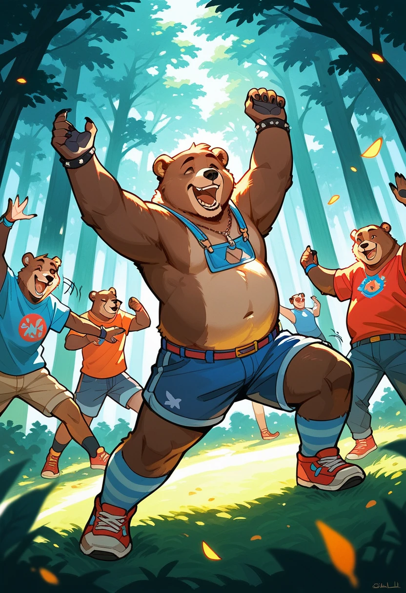 rating_safe, score_9, score_8_up, score_7_up, score_6_up, score_5_up, score_4_up, hires, source_furry(super cute 1girl, bear, pair)singing, dancing, waltz, boys, girls, forest, good lighting,