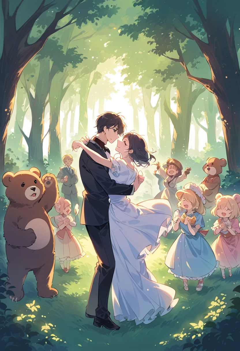 rating_safe, score_9, score_8_up, score_7_up, score_6_up, score_5_up, score_4_up, hires, source_furry(super cute 1girl, bear, pair)singing, dancing, waltz, boys, girls, forest, good lighting,