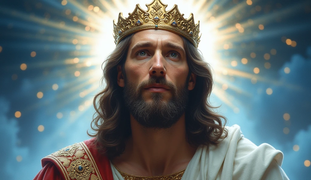 Jesus with a king's crown on his head, JesusChrist, the lord and savior, portrait of JesusChrist, Jesus of Nazareth, brilliant light masterpiece, jesus, greg olsen, king of kings, beautiful image already created, image background a kingdom of beautiful, blue and silver colors, sua mente contemplando a eternidade, glorious light,!! with a serene look and a slight smile!