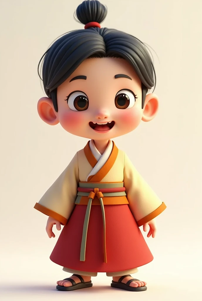 Create a two-part image of the front and back views of a Pixar-style character design.. The character trait is that of a Korean boy warrior., He has black hair and a topknot., He has a playful and lively impression., The clothes are Hanbok, a traditional Korean costume., The style of Hanbok is not too flashy and is rather plain., 그리고 이미지의 포즈는 T pose로 해줘, T pose, Design drawing style