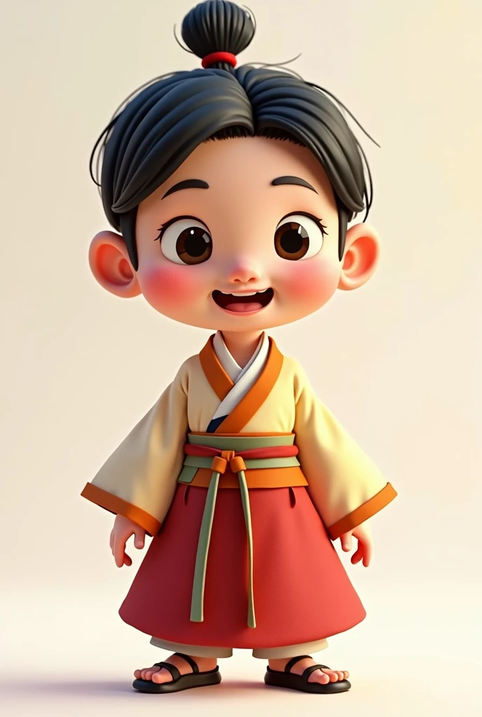 Create a two-part image of the front and back views of a Pixar-style character design.. The character trait is that of a Korean boy warrior., He has black hair and a topknot., He has a playful and lively impression., The clothes are Hanbok, a traditional Korean costume., The style of Hanbok is not too flashy and is rather plain., 그리고 이미지의 포즈는 T pose로 해줘, T pose, Design drawing style