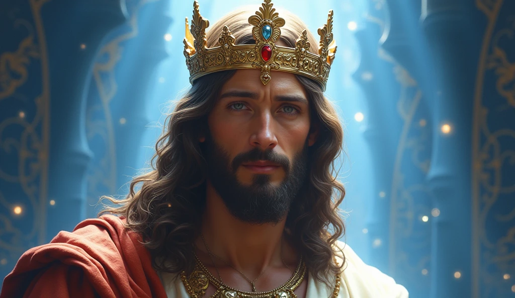 Jesus with a king's crown on his head, JesusChrist, the lord and savior, portrait of JesusChrist, Jesus of Nazareth, brilliant light masterpiece, jesus, greg olsen, king of kings, beautiful image already created, image background a kingdom of beautiful, blue and silver colors, sua mente contemplando a eternidade, glorious light,!! with a serene look and a slight smile!
