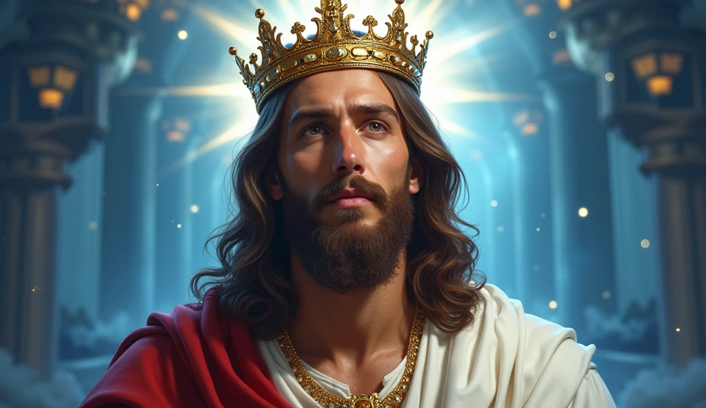Jesus with a king's crown on his head, JesusChrist, the lord and savior, portrait of JesusChrist, Jesus of Nazareth, brilliant light masterpiece, jesus, greg olsen, king of kings, beautiful image already created, image background a kingdom of beautiful, blue and silver colors, sua mente contemplando a eternidade, glorious light,!! with a serene look and a slight smile!
