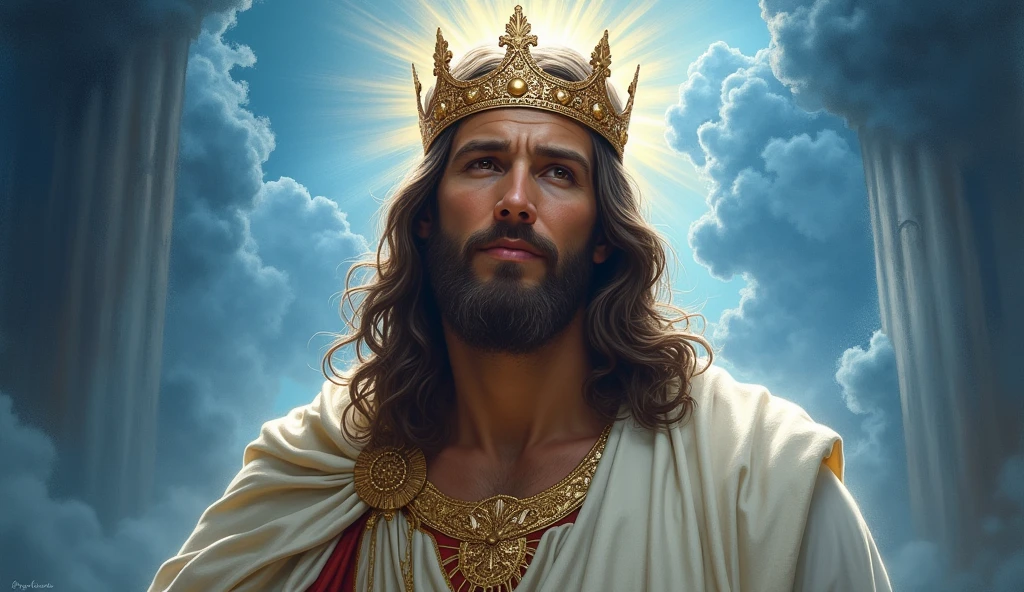 Jesus with a king's crown on his head, JesusChrist, the lord and savior, portrait of JesusChrist, Jesus of Nazareth, brilliant light masterpiece, jesus, greg olsen, king of kings, beautiful image already created, image background a kingdom of beautiful, blue and silver colors, sua mente contemplando a eternidade, glorious light,!! with a serene look and a slight smile!
