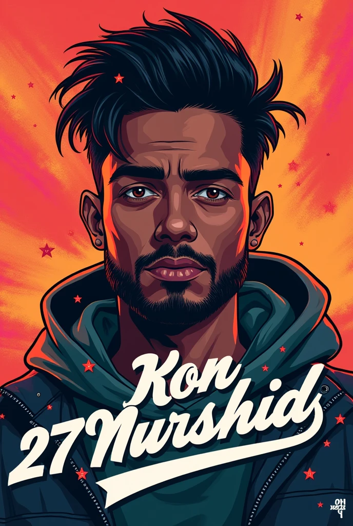 Create YouTube thumbnail rapper name as text on poster "Kon Murshid?" Rapper age 27 years handsome guy with beard