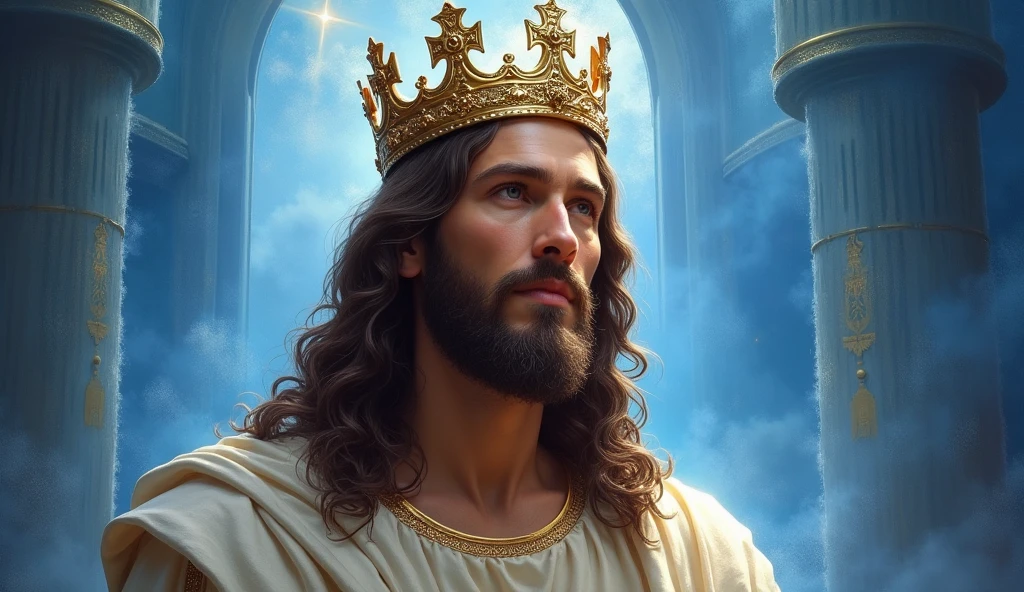 Jesus with a king&#39;s crown on his head, JesusChrist, the lord and savior, portrait of JesusChrist, Jesus of Nazareth, brilliant light masterpiece, jesus, greg olsen, king of kings, beautiful image already created, image background a kingdom of beautiful, blue and silver colors, sua mente contemplando a eternidade, glorious light,!! with a serene look and a slight smile!
