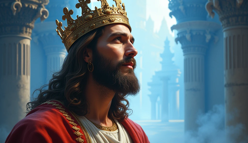 Jesus with a king's crown on his head, JesusChrist, the lord and savior, portrait of JesusChrist, Jesus of Nazareth, brilliant light masterpiece, jesus, greg olsen, king of kings, beautiful image already created, image background a kingdom of beautiful, blue and silver colors, sua mente contemplando a eternidade, glorious light,!! with a serene look and a slight smile!