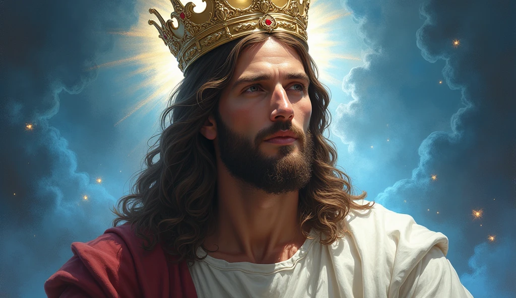 Jesus with a king's crown on his head, JesusChrist, the lord and savior, portrait of JesusChrist, Jesus of Nazareth, brilliant light masterpiece, jesus, greg olsen, king of kings, beautiful image already created, image background a kingdom of beautiful, blue and silver colors, sua mente contemplando a eternidade, glorious light,!! with a serene look and a slight smile!