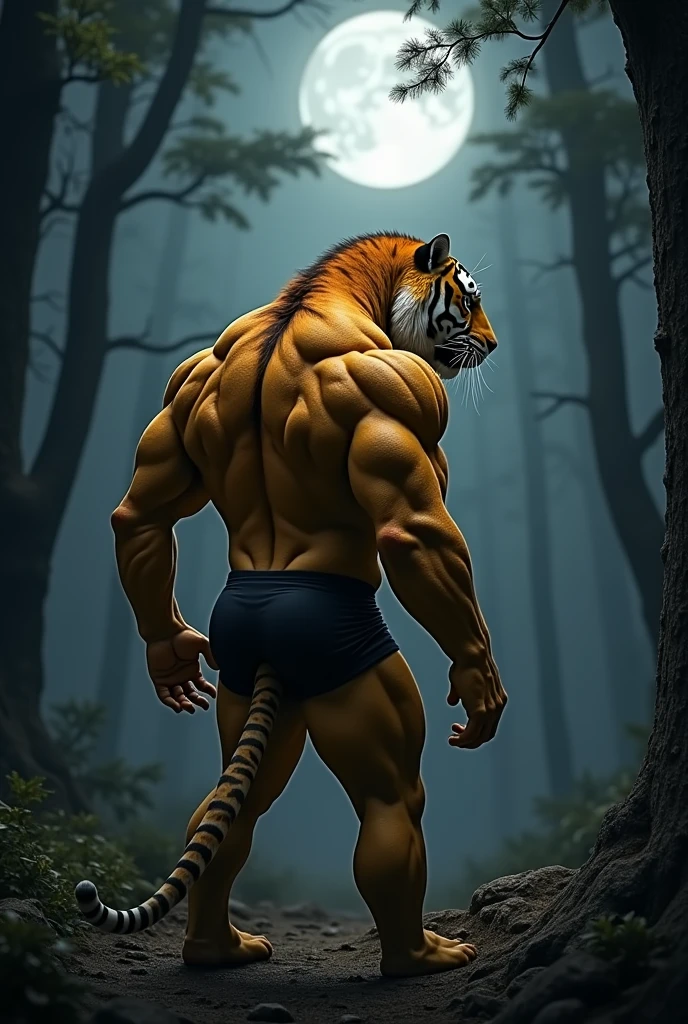 (photorealism:1.2), ((master piece)) a big butt muscular yellow tiger posing and wearing black underwear in the night forest with his back turned, Digital art
