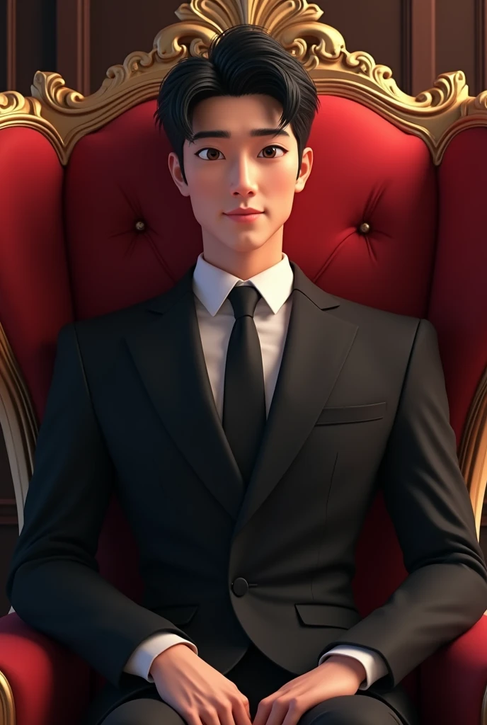 1 Handsome 25 yearsold korean man wearing black suit sitting in the red royal chair and his 2 hands put in the armchair. Semi animated face portrait.