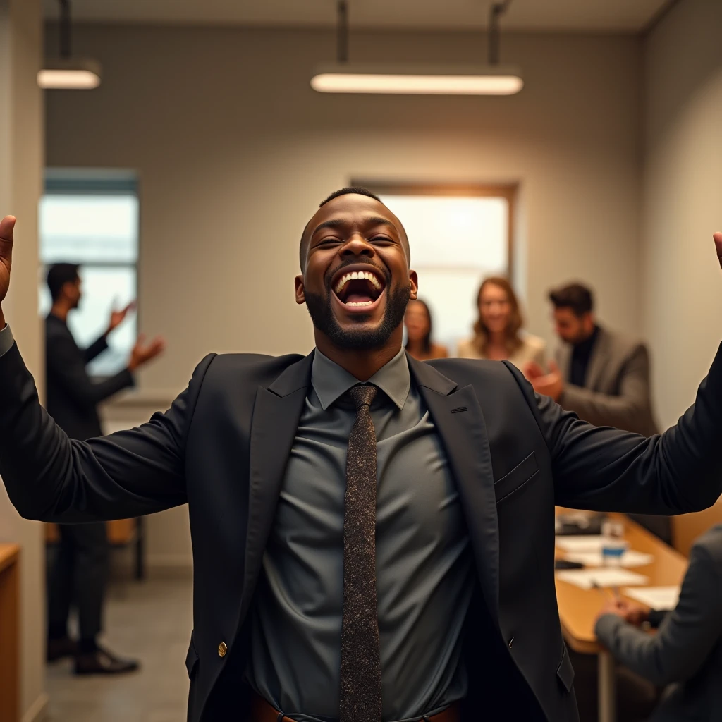 Black skinned boy Getting promoted at work, happy mood
