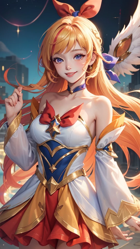 (Masterpiece:1.4), (best quality:1.2), star guardian seraphine, blonde hair, orange hair, multicolored hair, multicolored clothes, dress, hair bow, detached sleeves, magical girl, upper body, cowboy shot, smiling