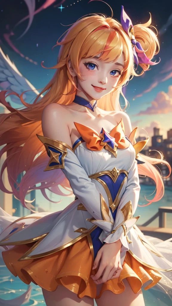 (Masterpiece:1.4), (best quality:1.2), star guardian seraphine, blonde hair, orange hair, multicolored hair, multicolored clothes, dress, hair bow, detached sleeves, magical girl, upper body, cowboy shot, smiling