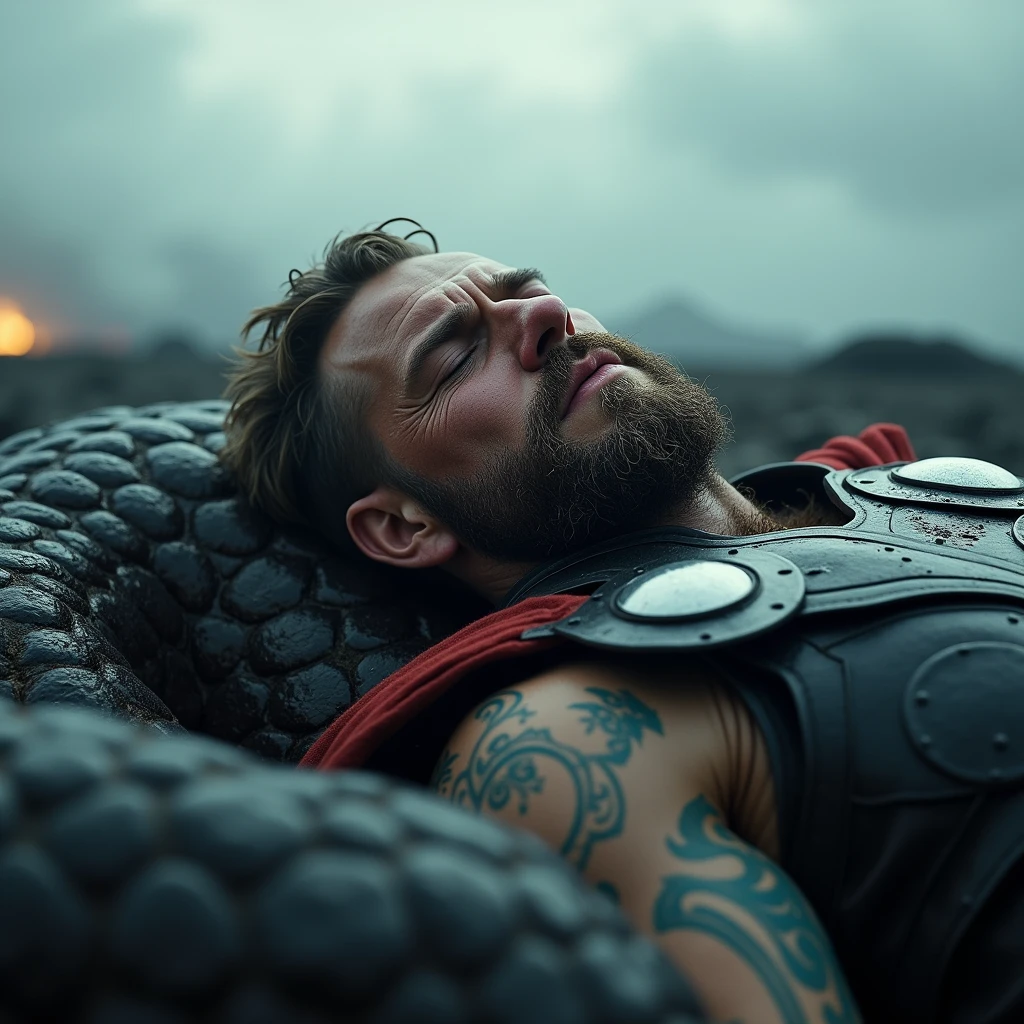 Thor, a poisoned god after defeating Jörmungandr, Norse mythology, in armor and injured, the battlefield of Ragnarök, lying down as the serpent’s venom takes effect, with a desolate landscape in the background, dramatic close-up, hyper-realistic, photo realism, cinematography --ar 1:1