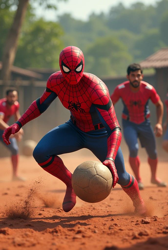 Spider-Man is playing Kabaddi against 7 players in a clay field