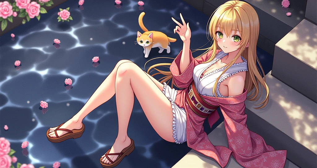1 girl（masterpiece，top quality，best quality，official art，Beauty and aesthetics：1.2），silky smooth blonde hair，green eyes，long hair，flower in hair, tall figure，enchanted，enchanting，Flushed complexion, playful expression, super gigantic breasts，Breasts larger than the head，detailed kimono, clogs，Off the shoulders，detailed cleavage, Sitting on the stone steps by the water of a hot spring, steam over the water, thigh exposed, small orange tabby cat passing by behind her, soft hands, defined nails, Cherry blossoms are in bloom,