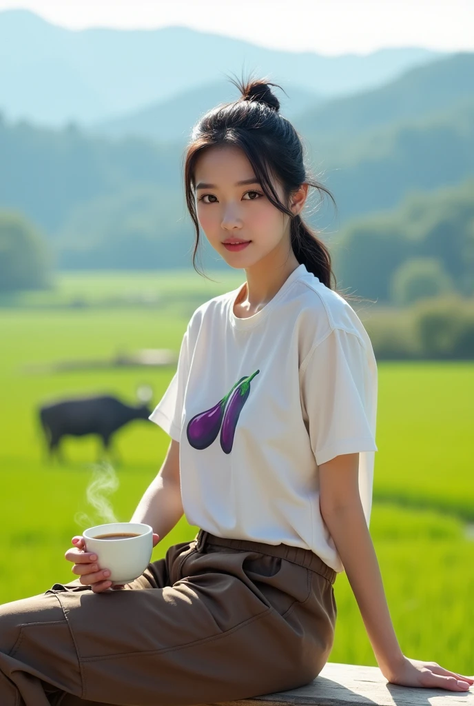 Beautiful Korean Girl, smooth clean white skin, well-groomed face,black hair tied up,white short shirt with eggplant motif .brown knee length cargo pants, .White shirt,pose looking at the camera, sitting on the terrace of the rice field hut, holding hot coffee,with a view of fertile rice fields, there is a buffalo, chicken duck, on the rice field embankment, very beautiful exotic countryside ,clear blue sky, fertile rice fields,Background, the mountains