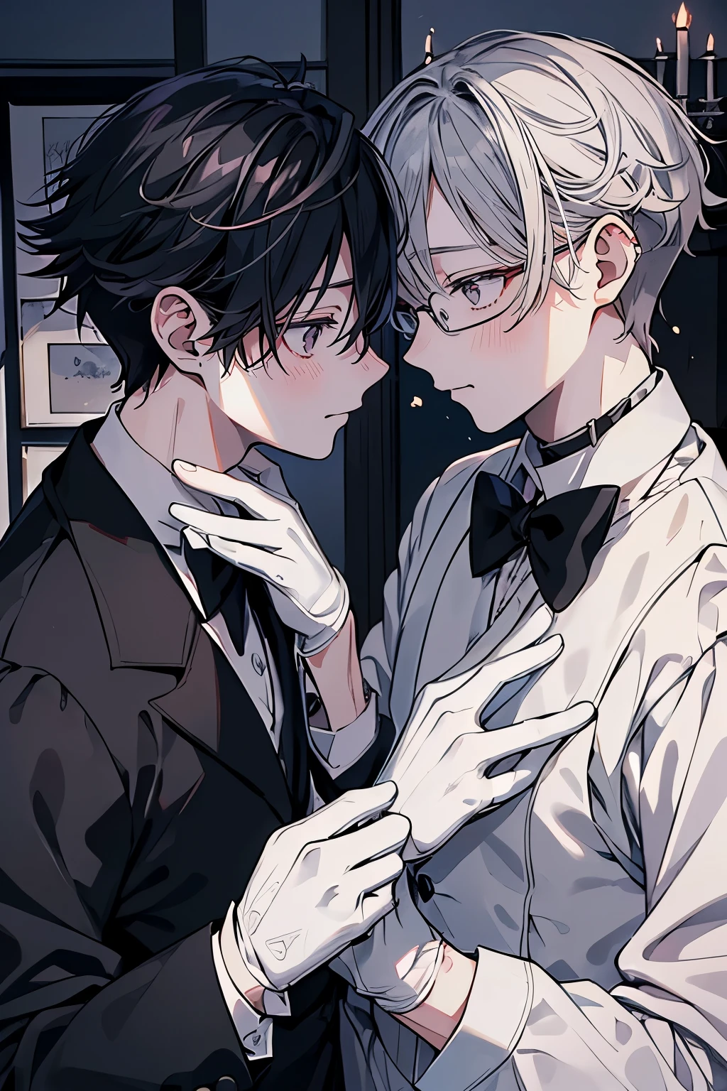 (Mastepiece)、(Best Quality)、Very detailed、((Two intimate butlers:1.5))、Perfect Face、Beautiful Face、Very detailedな顔、(Black-haired man:1.3)、(Grey-haired man:1.3)、Black butler uniform、Glasses、(White gloves:1.3)、Smiling face