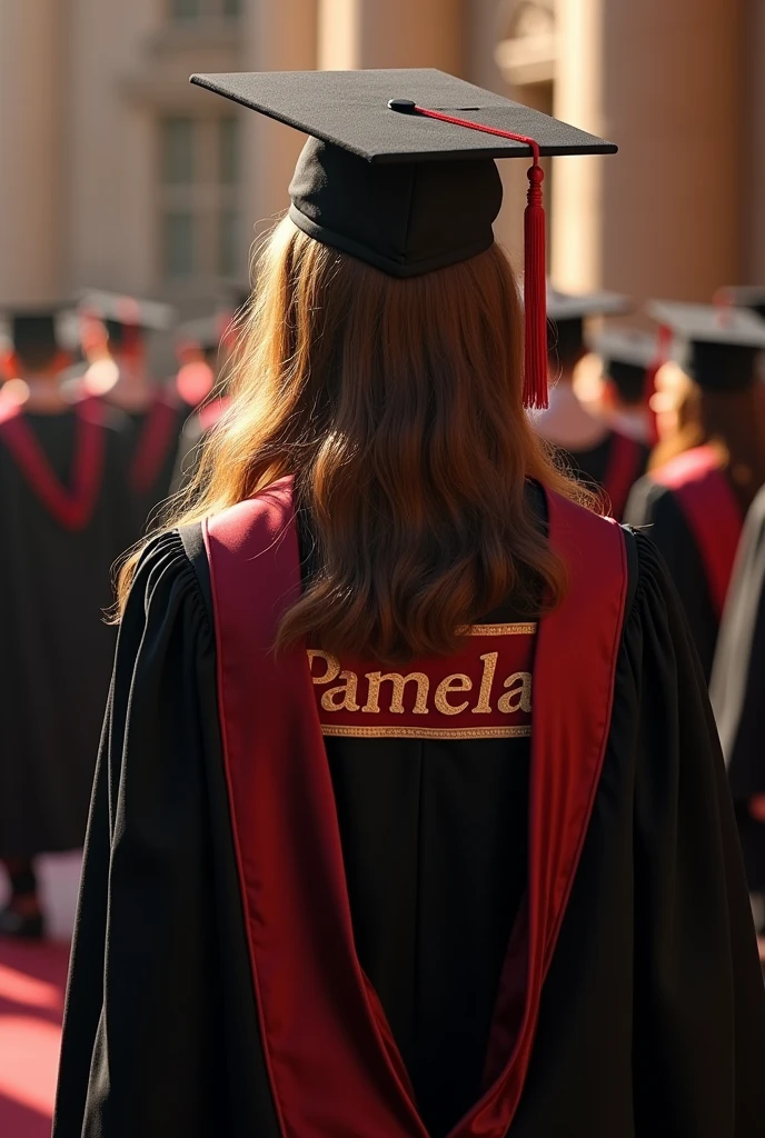A graduation gown with Pamela's name on it