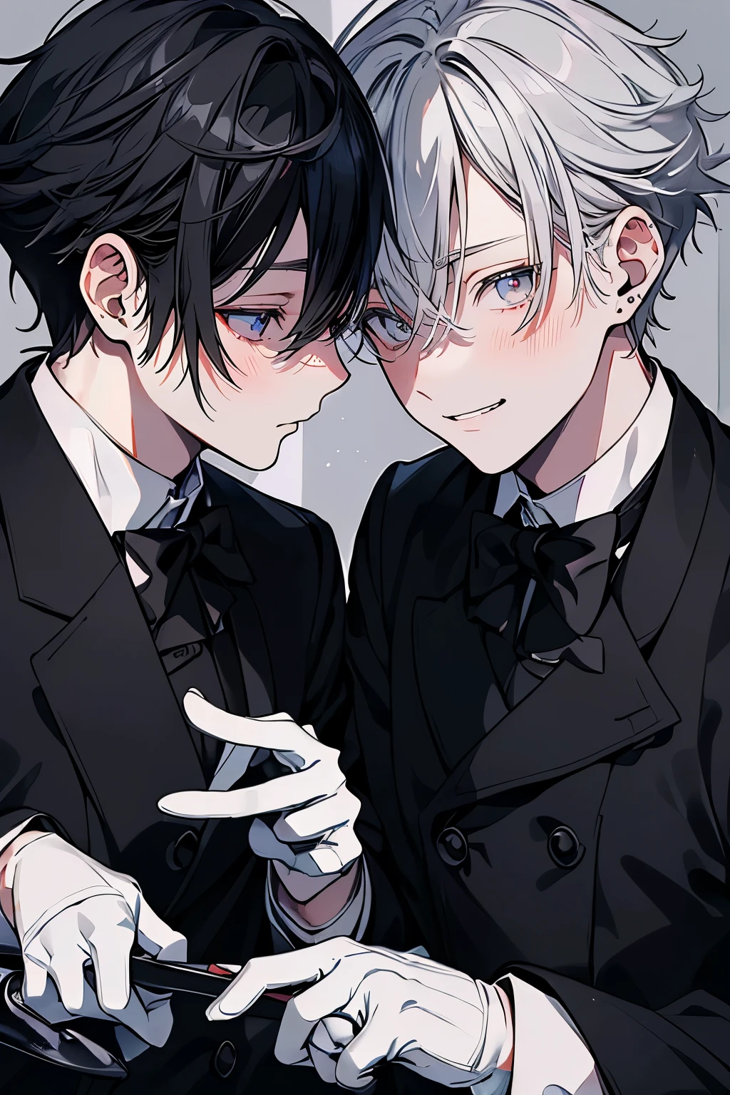(Mastepiece)、(Best Quality)、Very detailed、((Two intimate butlers:1.5))、Perfect Face、Beautiful Face、Very detailedな顔、(Black-haired man:1.3)、(Grey-haired man:1.3)、Black butler uniform、Glasses、(White gloves:1.3)、Smiling face