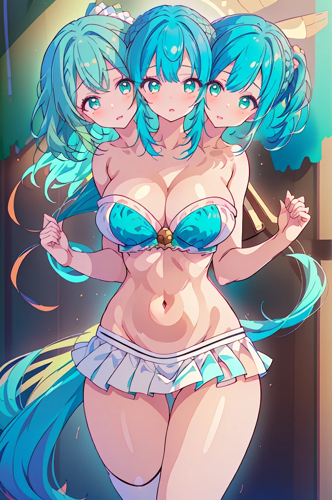 (masterpiece, best quality), best quality, (ultra-detailed), (3heads:1.5), 1girl, (kisume:1.3), masterpiece, best quality, ultra quality, ultra resolution ultra detail, white top, crop top, ((stomach)), midriff, ((groin)), white skirt with red and white papers stuck on them, normal ears, shackles, dark teal hair, short hair, wavy hair, pigtails, green eyes, detailed eyes, parted lips, smiling, shy smile, very shy, cute, toned belly, hand on own chest, eyelashes, (2 woman:1.3), (masterpiece:1.5), (best quality:1.5), (beautiful detailed:1.5), extremely detailed CG, extremely delicate and beautiful, depth of field, (finely detailed face), (perfect details:1.2), ( female:1.4), wide pelvis, slender, large veiny breastresolution, highres, very high quality, very high definition, extremely detailed, masterpiece, dark teal hair, short hair, alluring presence, pigtails, short skirt, close up, very big breasts,ts, young, ((teal (same hair color:1.5),
