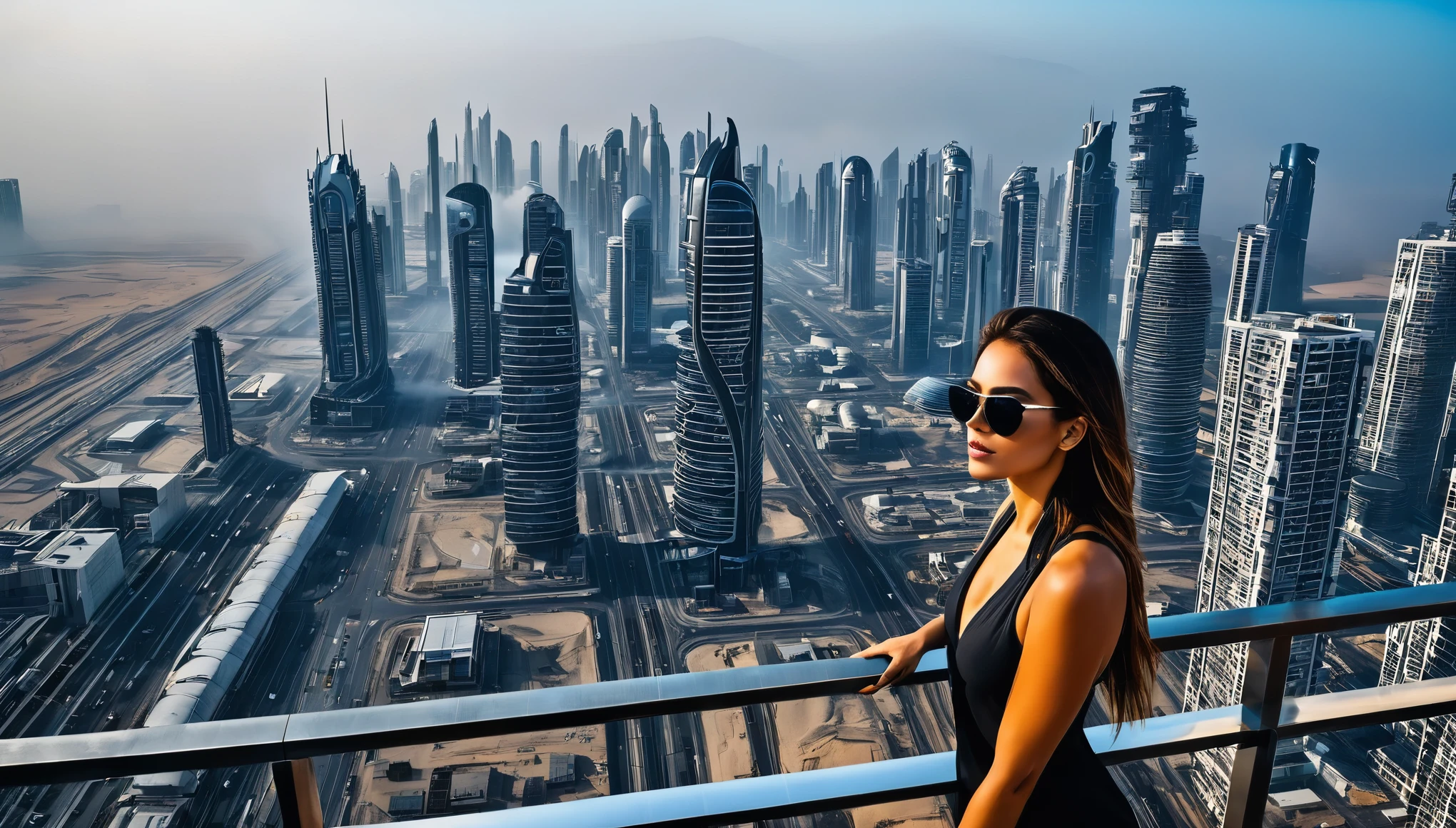 a GIRL with black sunglasses, a balcony of a futuristic building, aerial view of an ultra-futuristic megalopolis, many metal buildings and houses in dark colors from dark blue to black, a cidade tem tons de cinza metal, has smoky metal structures , industrial environment with smoke and fog around, carros escuros nas ruas, desert megalopolis, trilhos e trens modernos de de metal passando estre as ruas da cidade, tall futuristic metal buildings, many ultra modern buildings around, realistic, detailed, Science fiction