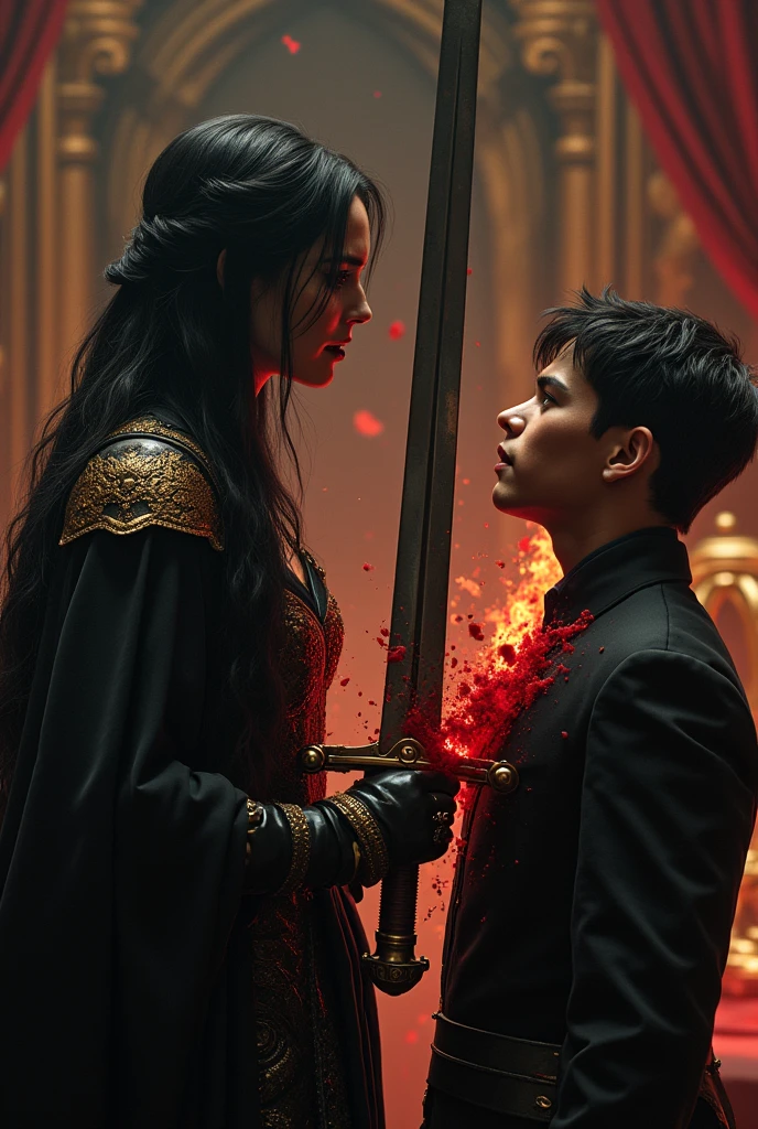 A queen with straight black hair stabbing a sword into the heart of a prince with a lot of blood
