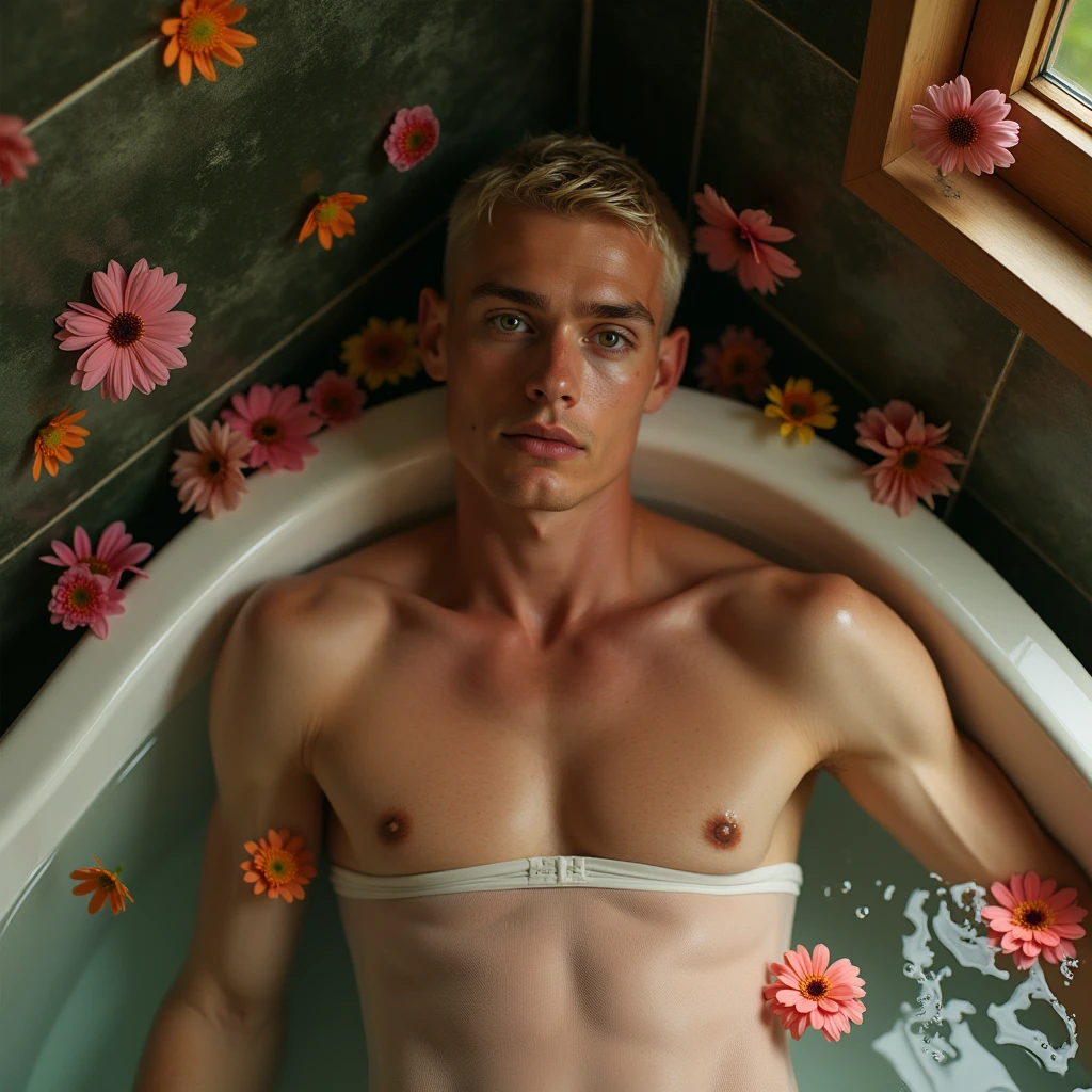 fashion editorial photo, a charming male supermodel, ((Paddy Mitchell male supermodel)), graces the scene with his magnetic presence, short blonde undercut hairstyle framing his delicate and symmetric face, exudes a masculine yet tender allure. small pectorals and slender physique are complemented by a natural pale skin tone, radiating youthfulness, athleticism, and sexual intimacy.
Japanese bath room, glass wall, elegance and sophistication of the scene. The model lounges in the bathtub, ((laying in a sexual inviting pose)), half torso partially submerged in water, wearing wet white sheer silk thong, see though fabric with accentuating his toned physique and showcasing his thick cock line under the wet fabric, adding to the sensuality of the image.
Surrounded by fresh flower floating on the water along with a beautiful decorating, the scene exudes a whimsical and enchanting atmosphere. The model's relaxed pose and captivating gaze draw the viewer in inviting them to bask in the serene ambiance of the betting, sexy eyes.
Captured from a dynamic angle, Top view, the focus of the photo is on the model's alluring presence and the delicate interplay of light and shadow on his skin. Soft warm light bathes the scene, creating a romantic ambiance and enhancing the overall allure.
Photographed with Canon EOS R6, Sigma AF 85mm F1.4 by Thomas Synnamon, professional photographer, the image boasts unparalleled quality and attention to detail. The layering and arrangement of body parts and surrounding objects are carefully considered to ensure a flawless composition. Ultimately, this masterpiece celebrates the beauty of the male body form and invites viewers to immerse themselves in a world of sophistication and charm, with its seductive lighting, intricate details, and romantic atmosphere, wet skin, thick sheer bulge focus,