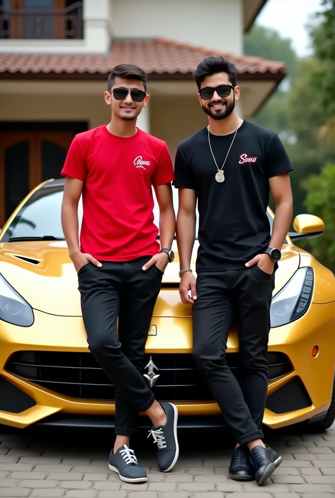 Two real 18yearold boy friends one boy sardar and , are standing leaning against a golden super luxury car, and all three are wearing different , red, and "black shirts and black pants, and all two have different names on their t-shirts.It is written"Gagan,"Simu, all three have a watch, sunglasses, he is very handsome, headphone, smiling, strong boys,a beautiful person in the background There is a house and real image