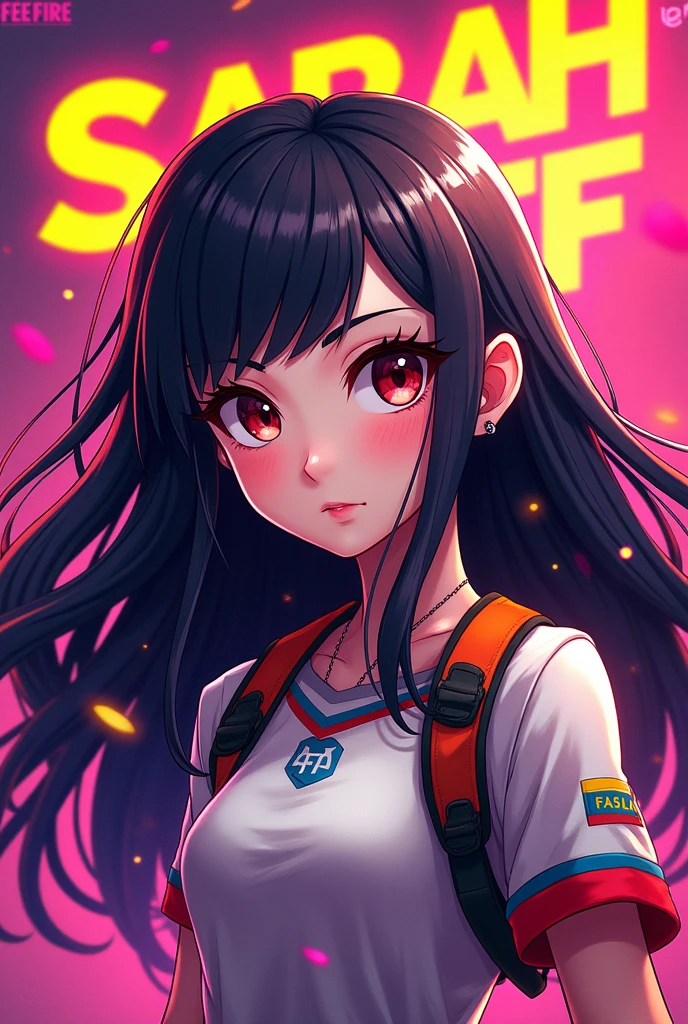 image of a cartoon girl, free fire player with dark hair, long, without fringe, Please note your name Sarah FF as a poster