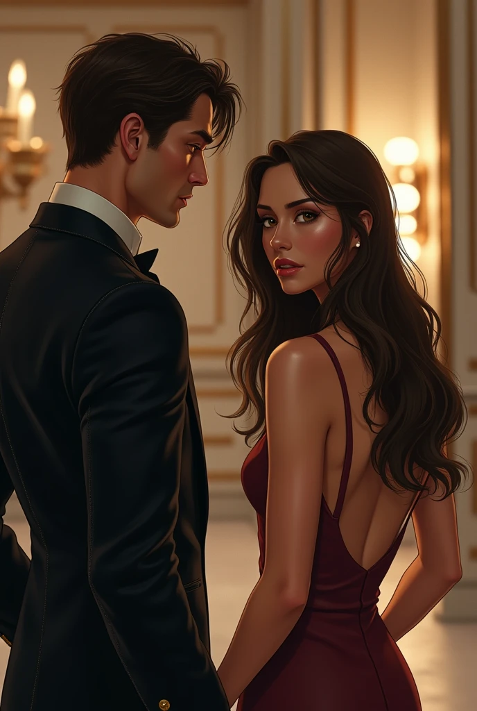 A woman with long brown hair, eyes browns, fine strokes, not wanting to talk to a man with straight black hair, expressive dark eyes, aristocratic origin, who runs after the woman who doesn&#39;t want to talk to him She has her back to him Chic environment, PICTURE REALISTIC