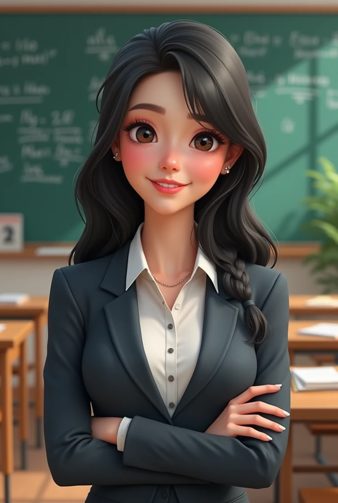 make me a math teacher, that in the background it looks like the math classroom, make me a nice little piece, body, that is about 3, with thick eyelashes and eyebrows, with little makeup, with thick, pink lips, with long black hair parted in the middle and wearing a math uniform or being well dressed, Make it a little more relaxed so the background can be seen more, straight and more real hair