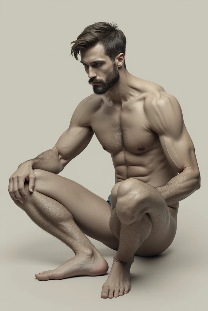 man sitting with legs open, naked in detail 