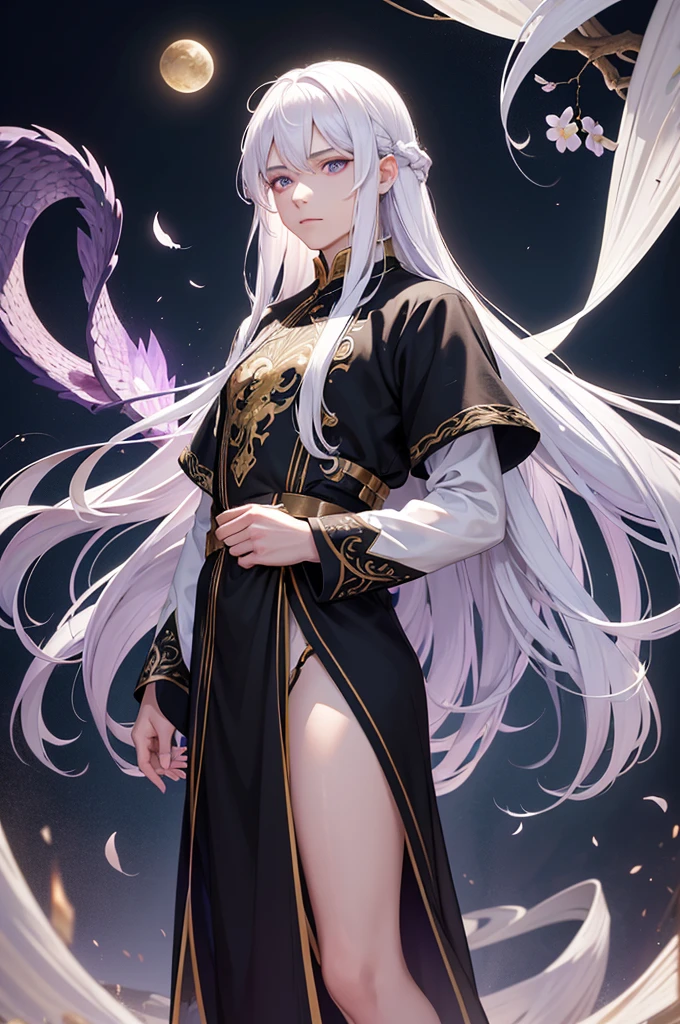 A young man with serene and calm purple eyes, Long white hair falls like a cascade down her back, dressed in a loose, flowing black tunic with golden dragon embroidery, mysterious and mystical, in the background a fairyland: immortals and gods, Demons and ghosts