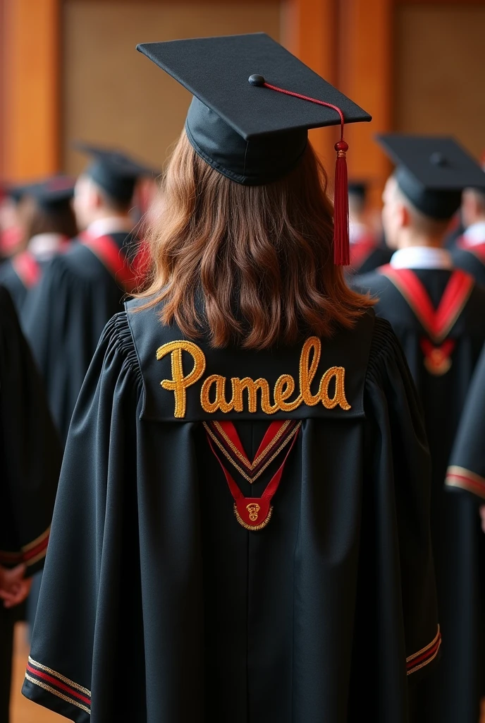 A graduation gown with Pamela's name on it