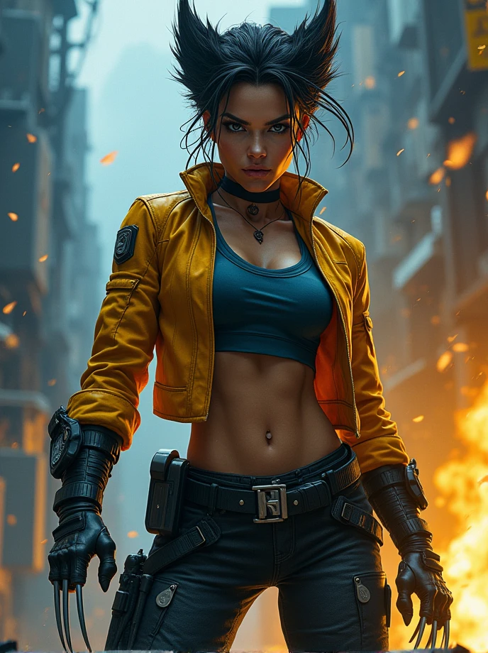 (Female version of Wolverine:1.4), (fierce and determined expression:1.4), (dynamic and powerful pose:1.4), (short, rugged hair:1.3), (strong, muscular build:1.3), (claws extended and glowing:1.4), (detailed, tactical outfit:1.3), (combination of yellow and blue with sharp, modern details:1.4), (battle scars and rugged texture:1.3), (background with urban combat scene:1.3), (dark, intense color palette with contrasting highlights:1.4), (highly detailed facial expressions and textures:1.4), (vibrant and dramatic lighting:1.3)