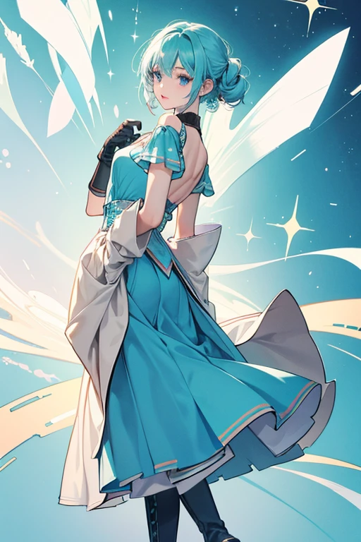 Ai thumanoid GIRL dog. HER skin color is a very pale color of beige, and She also has cyan-colored irises. SHe wears tight blue clothes, with button-imbued clothes with cyan linings. The two notable parts of these clothes are the ones covering hER shoulders and back legs. SHe wears gloves on hER hands, coupled with boots on hER feet. SPARKLE; GLITTER